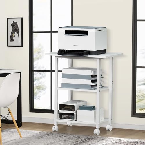 Lerliuo 3-Tier Printer Stand, Industrial Mobile Printer Table with Storage Shelf and Steel Frame, Rolling Printer Cart Holder with Lockable Wheels for Home, Office (White) - Image 3