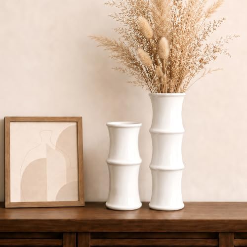 White Ceramic Bamboo-Inspired Flower Vase Set of 2, Modern Home Décor by Unknown
