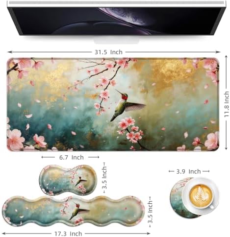 Keyboard Mouse Pad Set, Extended Gaming Mouse Pad+Ergonomics Keyboard Wrist Rest Support, Memory Foam, Easy Typing Pain Relief, 4Pcs XL Ultra Thick Desk Mat,Hummingbird Pink Flower - Image 6
