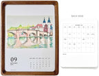 Original Hand Drawn Travel Art Desk Calendar Aug 2026-Dec 2027, 8 Inch Black Walnut Framed Monthly Table Calendar, Decorative Desktop Art Calendar by Unknown