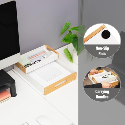 Mind Reader Metal and Wood Tiered Desktop Organizer Trays with Cutout Handles, Stackable Office Storage, Office, Entryway, Coffee Station and Home Organization, Metal and Wood, Set of 2, White - Image 4