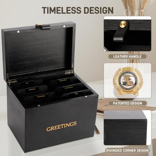 Large Bamboo Greeting Card Organizer Box with 6 Removable Dividers, Real Leather Handle, 100% Handmade Solid Bamboo, Storage Box for Christmas, Valentine, & Birthday Cards, Postcards, Stationery& More - Image 5