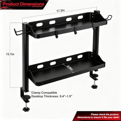 Clamp On Desk Shelf Organizer, 2-Tier Storage with Hooks - Image 2