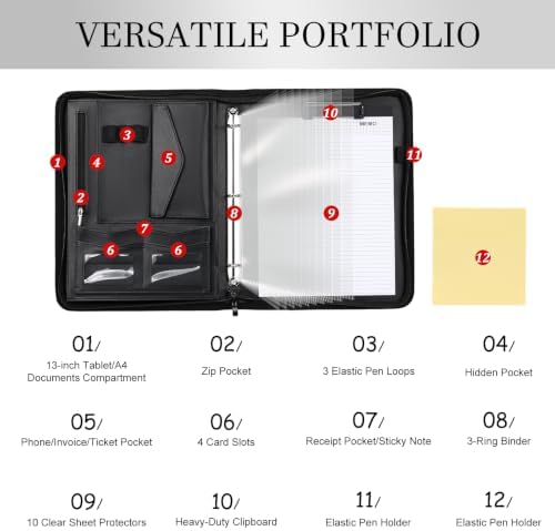 Leathario Portfolio Binder, Padfolio Organizer, 3 Ring Binder with Zipper - Image 3