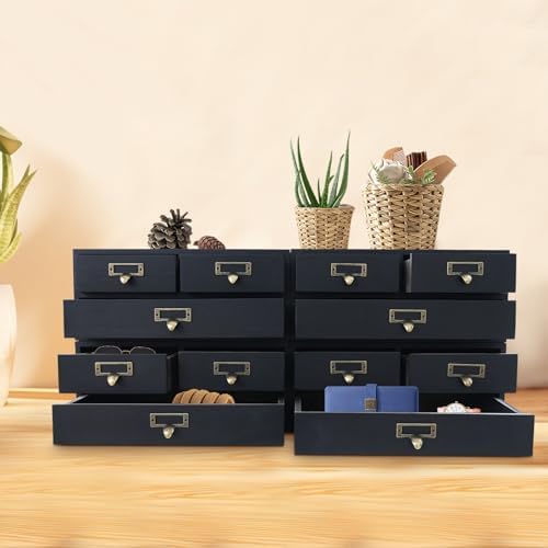 4 Pcs Vintage Desktop Organizer Set, Wooden 12 Drawer Storage Cabinets with Metal Handles & Label Slots, Stackable Apothecary Chest for Office, Herb, Tea, Jewelry and Stationery Organization (Black) - Image 5