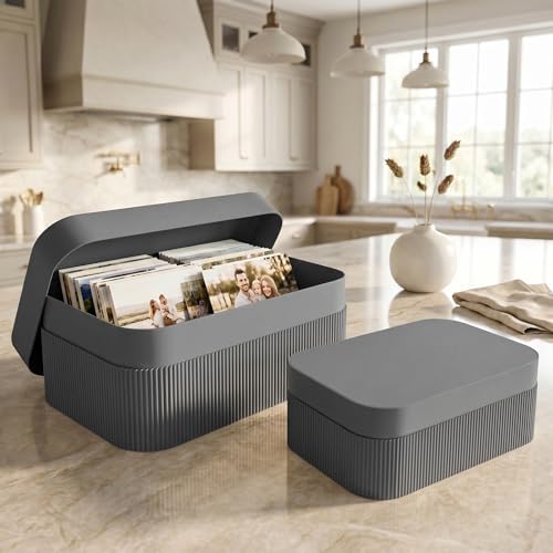 Decorative Storage Boxes with Lids - Set of 2 Fluted Photo Organizer Bins - Image 2