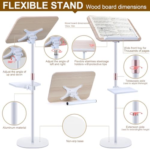 2 in 1 Dual-use Music Stand & Desktop Book Stand, Adjustable Height 16.5"-51", 100% Solid Wood Laptop Floor Stand Book Holder with Elastic Page Clips for Cookbooks (White with Tray) - Image 5