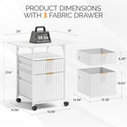 VINGLI 2 Drawer File Cabinet with 24'' Extended Desktop, Fluted Filing Cabinet Mobile Under Desk File Cabinet with Wheels, Fabric Drawers Printer Stand for Home Office, Fits Letter Size, White - Image 3