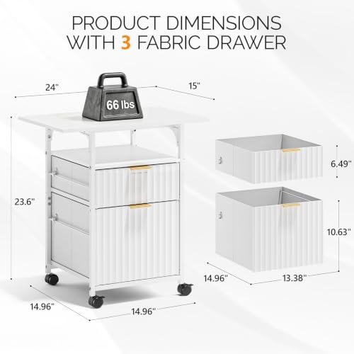 VINGLI 2 Drawer File Cabinet with 24'' Extended Desktop, Fluted Filing Cabinet Mobile Under Desk File Cabinet with Wheels, Fabric Drawers Printer Stand for Home Office, Fits Letter Size, White - Image 3