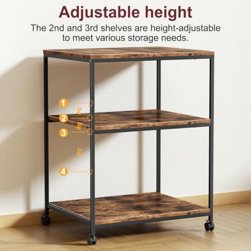 Large Printer Table with Storage, 3 Tier Printer Stand for Home Office, Rolling Printer Cart with Wheels, for Shredder Scanner Fax (Brown) - Image 3