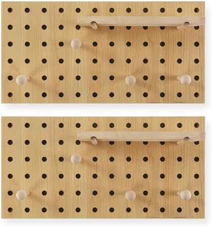 2 Pack Beige Wooden Pegboard Modular Wall Organizer - Image 2