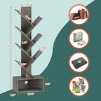 Yoobure Tree Bookshelf - 6 Shelf Retro Floor Standing Bookcase, Tall Wood Book Storage Rack for CDs/Movies/Books, Utility Book Organizer Shelves for Bedroom, Living Room, Home Office, Grey - Image 3