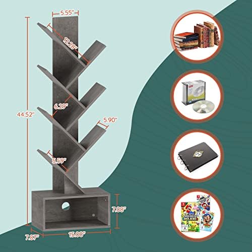 Yoobure Tree Bookshelf - 6 Shelf Retro Floor Standing Bookcase, Tall Wood Book Storage Rack for CDs/Movies/Books, Utility Book Organizer Shelves for Bedroom, Living Room, Home Office, Grey - Image 3