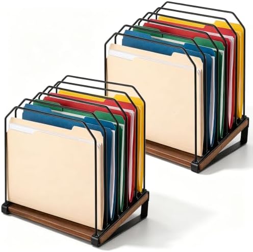2 Pcs 5 Section Inclined Vertical Desk File Organizer Metal Frame Wood Base by Unknown
