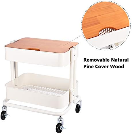 Melody House 2-Tier Metal Utility Rolling Cart Storage Side End Table with Cover Board for Office Home Kitchen Organization, Cream White - Image 5