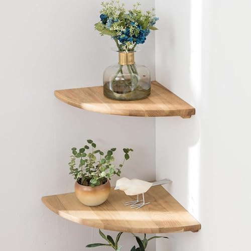 Corner Shelves, Floating Corner Shelf, Set of 2 Solid Oak Wood Wall Shelves, Round End Wall Mount with Wire Hole Shelving for Small Plant for Bedroom Kitchen, Living Room 8.7“ by Coamily