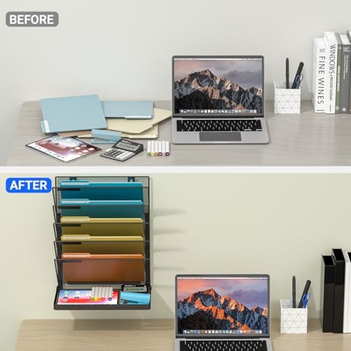 TOPCJ Legal/Letter Size 6 Tier Wall File Organizer,2-in-1 Wall Mounted&Desktop File Holder,2 Installation Methods Screws & Adhesive,Mesh Document Organizer with Label Plate for Home Office - Image 7