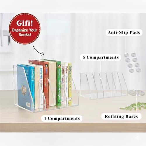 2 Pcs Rotating Acrylic Book Organizer, 360° Spinning 6 Compartments Desktop Magazine File Holder, Vertical Storage for Books, Binders, Notebooks & Magazines, Clear Desk Organizer for Home Office - Image 6