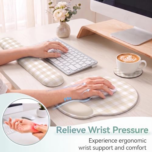 Beige Gingham Scalloped Desk Mat Set, Mouse Pad with Gel Wrist Rest,Ergonomic Keyboard Wrist Support for Women Non-Slip Desk Pad Home Office Decor - Image 3