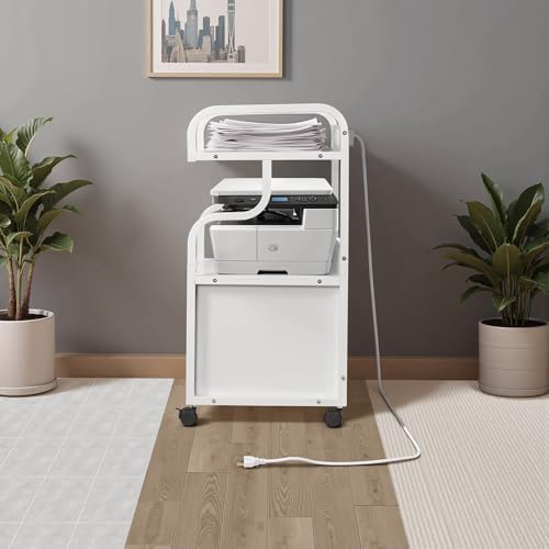 VECELO Large Printer Stand with Power Outlet, 3-Tier Rolling File Cabinet with Lockable Wheels, Heavy Duty Utility Table for Home Office, 18.9"x23.6"x30.2", White - Image 4