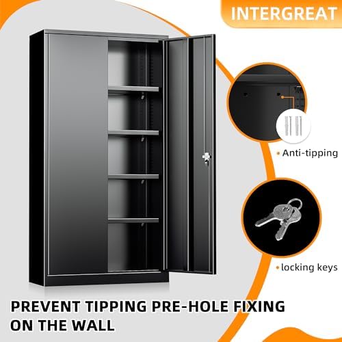 INTERGRETA Metal Storage Cabinet Locker for Home Office, Locking Garage Storage Cabinet with Doors and Shelves, 72" Tall Metal Steel Cabinets for Garage, Black - Image 4