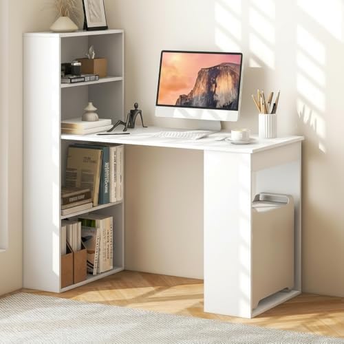 Tangkula White Computer Desk with Bookshelf, Writing Study Desk with Storage Shelves & CPU Stand, Modern Compact Computer Workstation for Home & Office, Space-Saving Design by TANGKULA