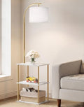 PARTPHONER Floor Lamp with Table, Night Stand with Lamp, Narrow Side Table with 3CCT LED Bulb, Small Coffee Table, Modern End Table with Storage Shelves for Living Room, Marble White and Gold Poles by PARTPHONER