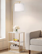 PARTPHONER Floor Lamp with Table, Night Stand with Lamp, Narrow Side Table with 3CCT LED Bulb, Small Coffee Table, Modern End Table with Storage Shelves for Living Room, Marble White and Gold Poles by PARTPHONER
