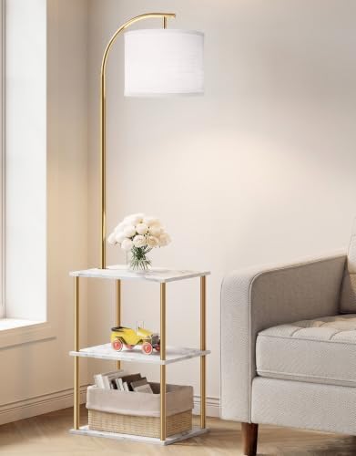 PARTPHONER Floor Lamp with Table, Night Stand with Lamp, Narrow Side Table with 3CCT LED Bulb, Small Coffee Table, Modern End Table with Storage Shelves for Living Room, Marble White and Gold Poles by PARTPHONER