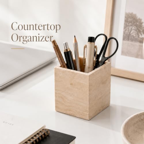 Koville Travertine Toothbrush Holder, Natural Marble Stone Makeup Brush Holder, Rectangular Pencil Cup Office Countertop Organizer Utensil Container Vanity Bathroom Kitchen Sink(Beige) - Image 6