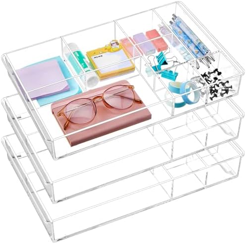 Briwooody 3 Pcs Clear Acrylic Desk Drawer Organizer 13.7 x 8.7 x 2 Inch Drawer Organizer Trays with 8 Compartments Desk Accessories for Office Makeup Silverware Bathroom by Briwooody