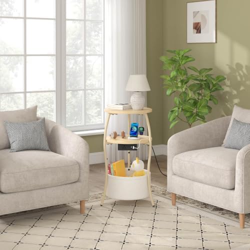 sthemc 3-Tier Small Round End Table Livingroom with Charging Station,Basket - Image 6