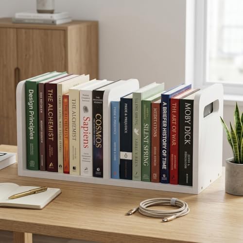 100% Solid Wood Adjustable Desktop Bookshelf With Movable Divider, Retro Tabletop Bookshelf With Convenient Handle Design for Living Room, Home, Office, Perfect for Magazines, Books, Files (White) - Image 2