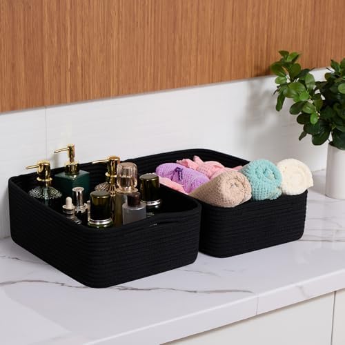 MiniArk Large Shallow Organizing Baskets 15x11x5.1 Inches - Rope Woven Storage Bins for Bathroom, Shelves, Cube Closet, Black 3 Packs - Image 6
