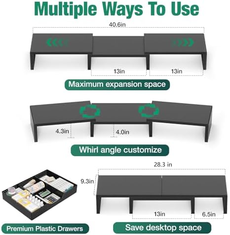 OPNICE Dual Computer Monitor Stand Riser, Desk Organizer with Drawer, Office Desk Accessories & Workspace Organizers for Home Office Supplies, Black - Image 2