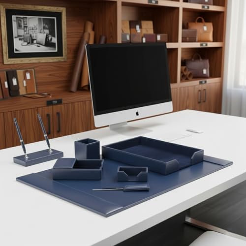 Dacasso Bonded Set Luxury Leather Desk Pad & Desk Organization Essentials, 7 Piece, Navy Blue - Image 2