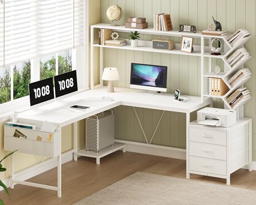 63" L Shaped Desk with Bookshelf, Drawers and Hutch for Home Office by YomiluveDesign