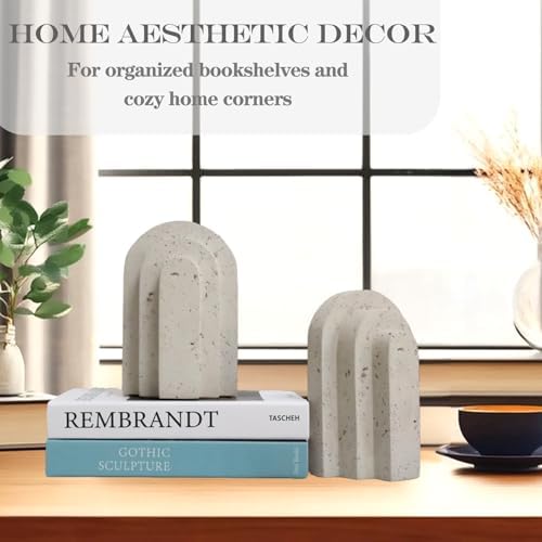 Decorative Book Ends for Shelves - Boho Aesthetic Bookends Decor - Heavy Duty Travertine Book Stopper Holder for Home Office Desk Coffee Table (Grey) - Image 2