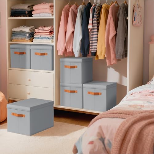 Homsorout Storage Bins with Lids - Large Fabric Closet Bins with Lid, 8 Pack Clothes Organizers and Storage, Collapsible Stackable Cube Basket for Home, Office, Dorm, Grey - Image 5