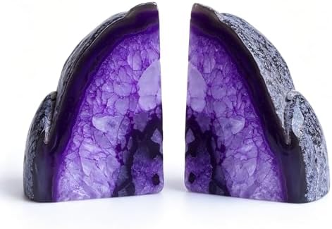 Natural Purple Dyed Agate Geode Bookends - 3 to 4 lb Heavy Duty Rock Crystal Stone Book Ends for Shelves, with Rubber Bumpers, Decorative Book Holders for Home Office - Image 2
