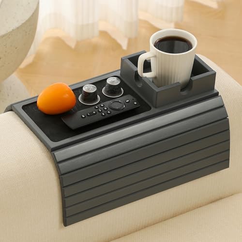 Bamboo Couch Cup Holder Arm Tray Table with Anti-Slip Cork Pad，Couch Drink Holder，Sofa Cup Holder Armrest Tray，Foldable Arm Chair Table Recliners for Drink, Cups, Eats，Snacks, Phone, Remote (Gray) - Image 3