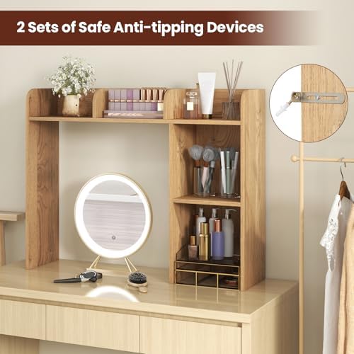BECOMFORT Desk Hutch, Desk Organizer Shelf w/ 5 Storage Compartments, up to 27” Monitor, Wooden Display Rack, Desktop Bookshelf for Vanity Dressing Tabletop College Dorm Home & Office - Image 6