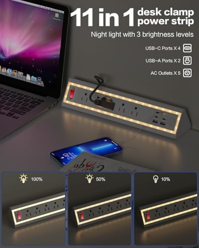 Desk Clamp Power Strip with Nightlight, 40W Fast Charging, 10FT Extension Cord, 4x20W USB-C & 2 USB Ports, 5 AC Outlets, Fits 1.69-Inch Table Edges - Image 2