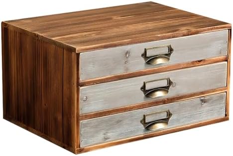 Stackable Modular Desktop Drawer Organizer, Aged Vintage Wood Grey 3-Drawer Storage Unit with Label Pull Handles, 2 Tone Wooden Japandi Style, Expandable by Adding More Units for Clutter-Free Spaces by Woodaholic