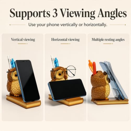 Owly Mate Owl Eyeglass Holder for Nightstand and Desk, Cute Glasses Holder with Phone Stand and Pen Holder, 3-in-1 Desk Organizer for Glasses, Phone & Pens - Gift for Owl Lovers - Image 3