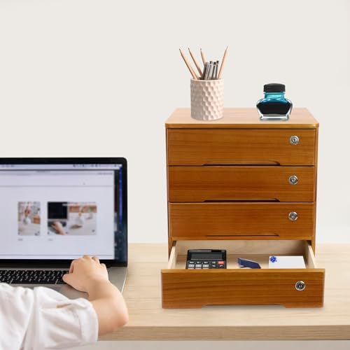 Wood Desk Organizer with 4 Drawers, Lockable Desktop Countertop Storage Cabinet for Home Office Supplies File Tabletop Storage Box, 15.75" x 11.02" x 15.94" (Brown) - Image 2