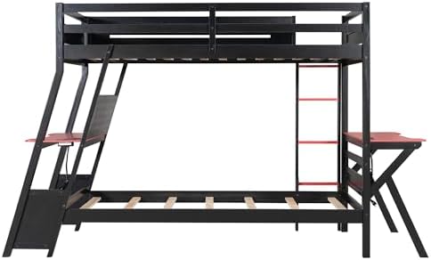 Polibi Twin Over Twin Bunk Bed with 2 Built-in Gaming Desks, USB Charging Ports & Pegboard Organizer, E-Sports Gaming Bed Frame for 2 Kids/Teens, Red (Twin Size) - Image 5