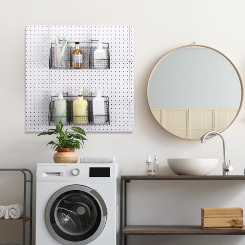 Suzile 2 Pcs Divided Pegboard Baskets Set Metal Garage Storage with 4 Pegboard Hooks Wall Mount Organizer for Workbench Bathroom Accessory Storage, 3 Grid(Black) - Image 6