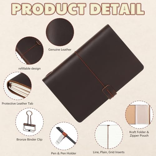 Traveling Refillable Leather Journal Notebook, Coffee Color, A5 Size - Image 3
