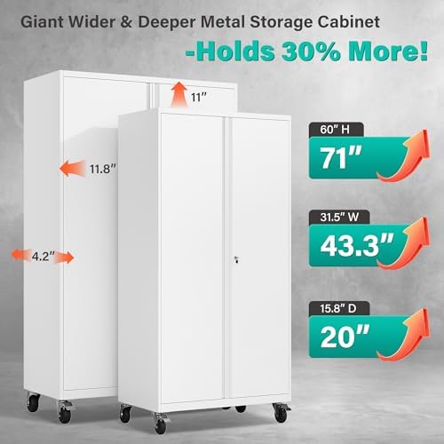 SISESOL White Wide & Deep Metal Storage Cabinet with Wheels,Tall Rolling Garage Storage Cabinet with Lock,Black Metal Cabinets with Shelves and Pegboards,Tool Locker for Garage,Home,Office - Image 2